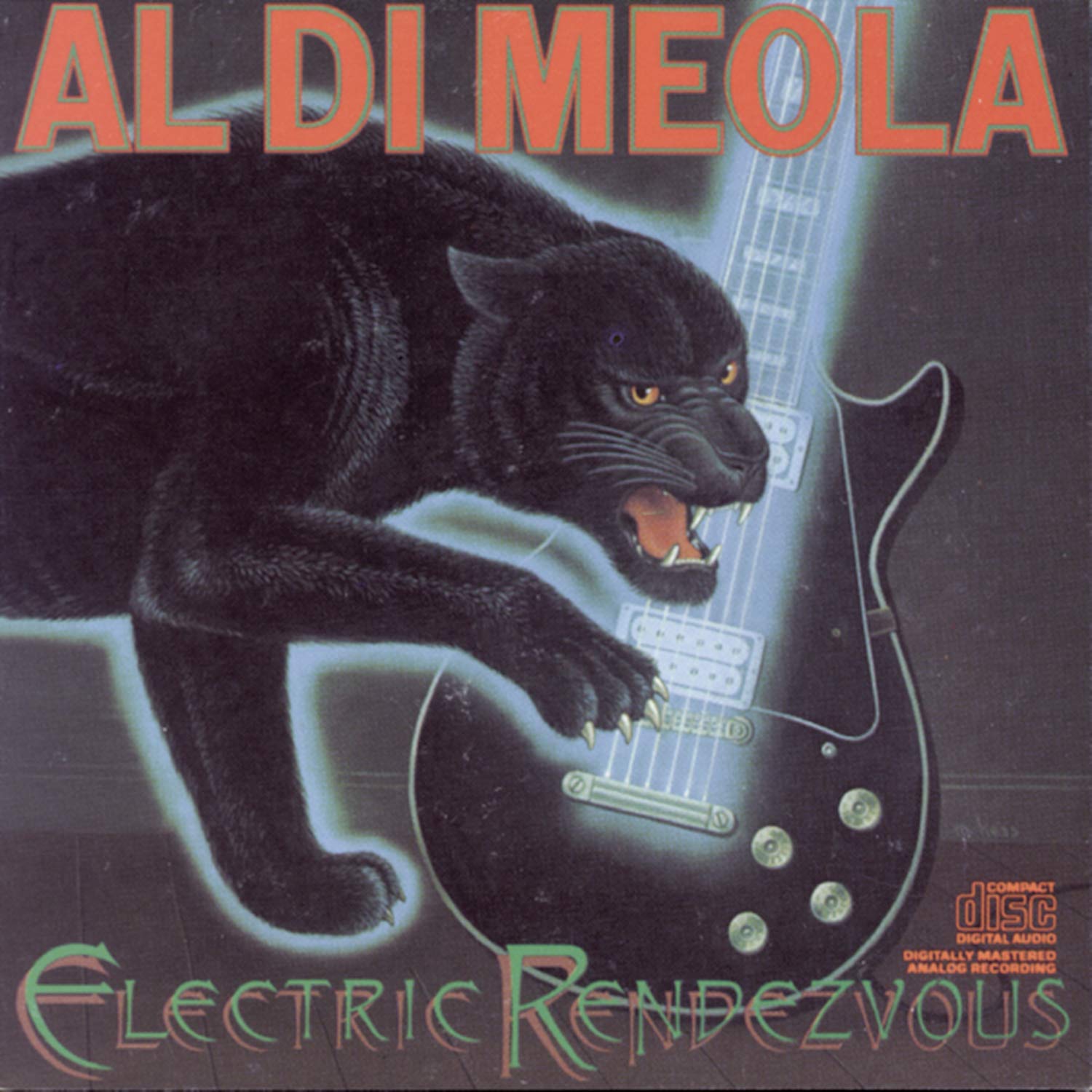 Al Di Meola's album "Electric Rendezvous". THe image shows a drawing of a panther playing an electric guitar framed with neon lighting